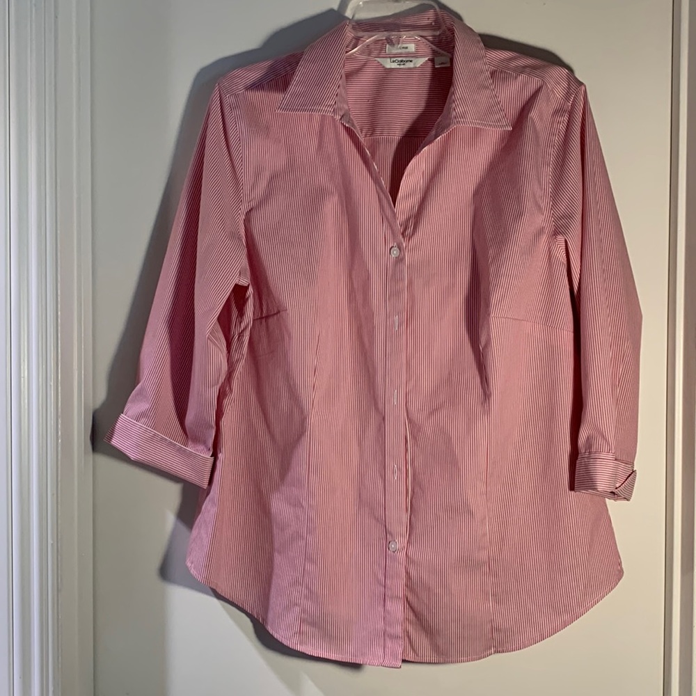 Liz Claiborne Classic Red/deep pink fine stripe 3/4 sleeve shirt. XL 98% cotton